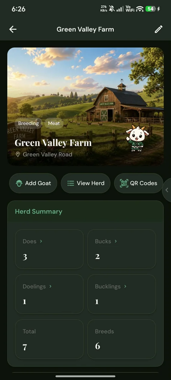 Herd Keeper farm profile screen showing the farm photo, herd summary, and quick actions