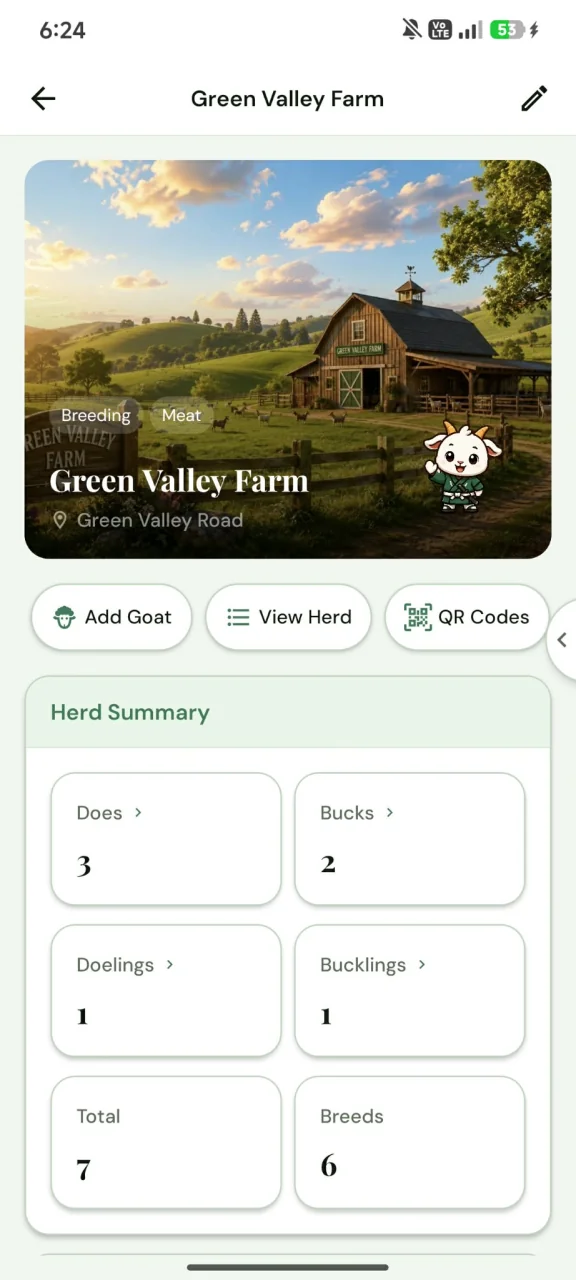 Herd Keeper farm profile screen showing the farm photo, herd summary, and quick actions
