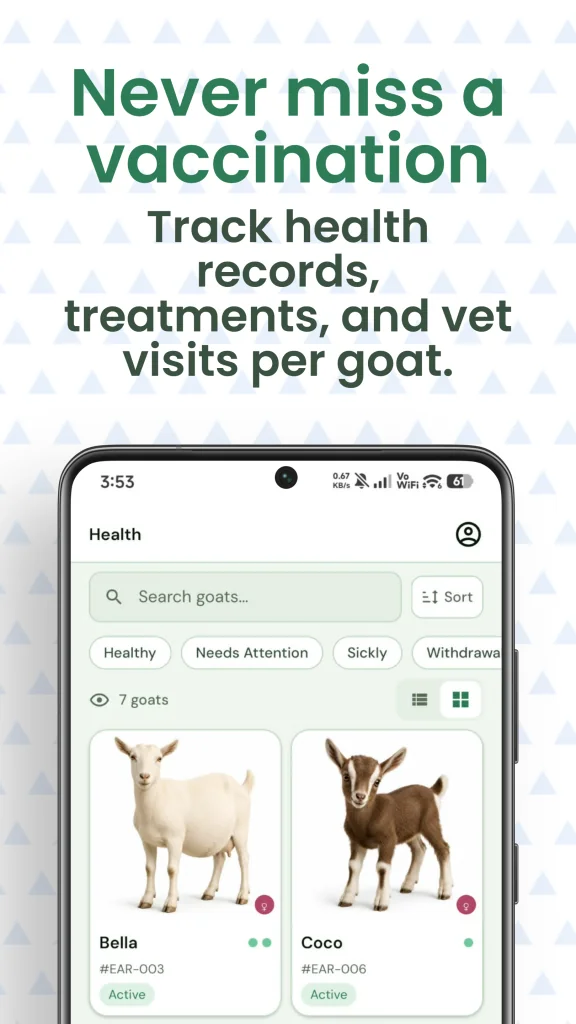 Herd Keeper health screen showing vaccination, treatment, and vet visit records per goat