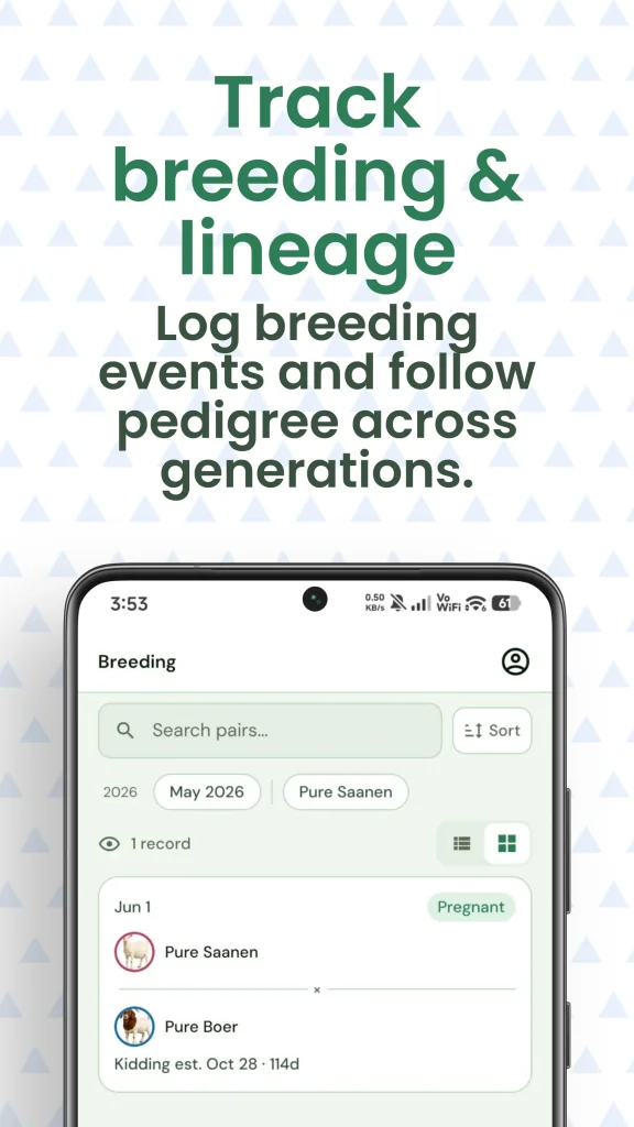 Herd Keeper breeding list showing breeding events and pedigree across generations