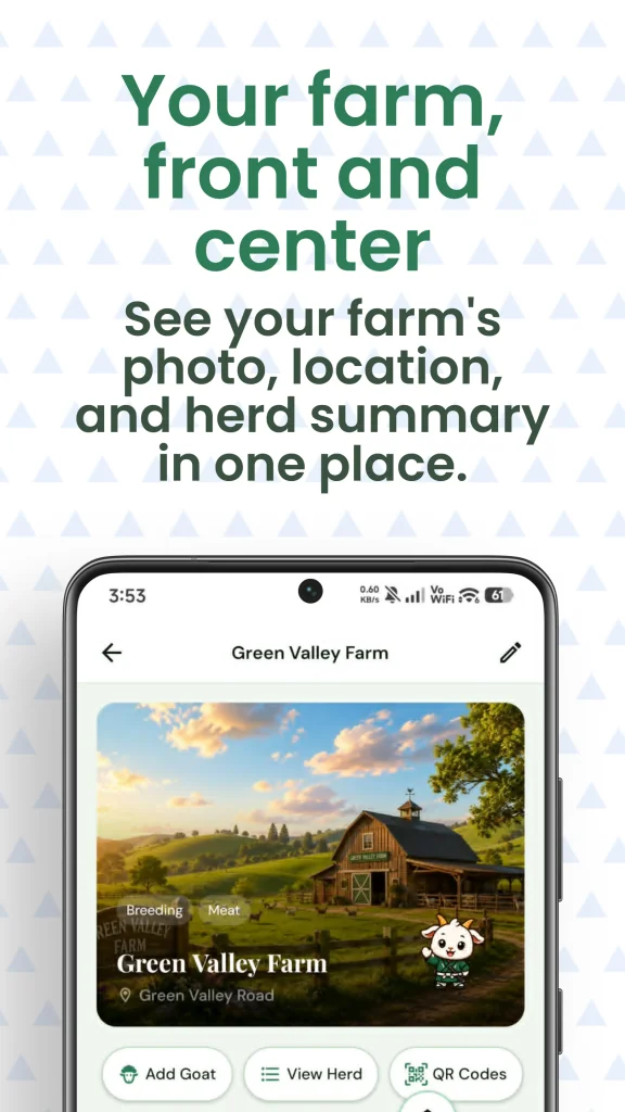 Herd Keeper farm profile screen showing farm photo, location, and herd summary